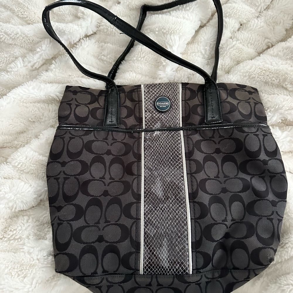 Coach Signature Tote Black Python Center Stripe Soulder Purse